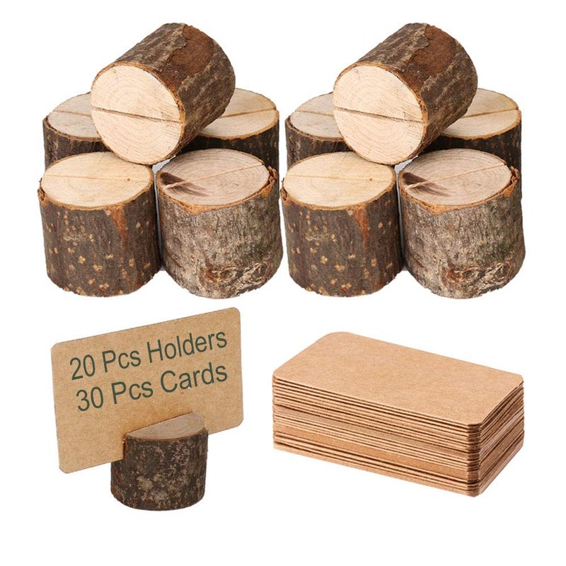 Toncoo Wood Place Card Holders, 20Pcs Premium Rustic Table Number Holders and 30Pcs Kraft Table Place Cards, Wood Photo Holders, Ideal for Wedding Party Table Name and More - Image 1